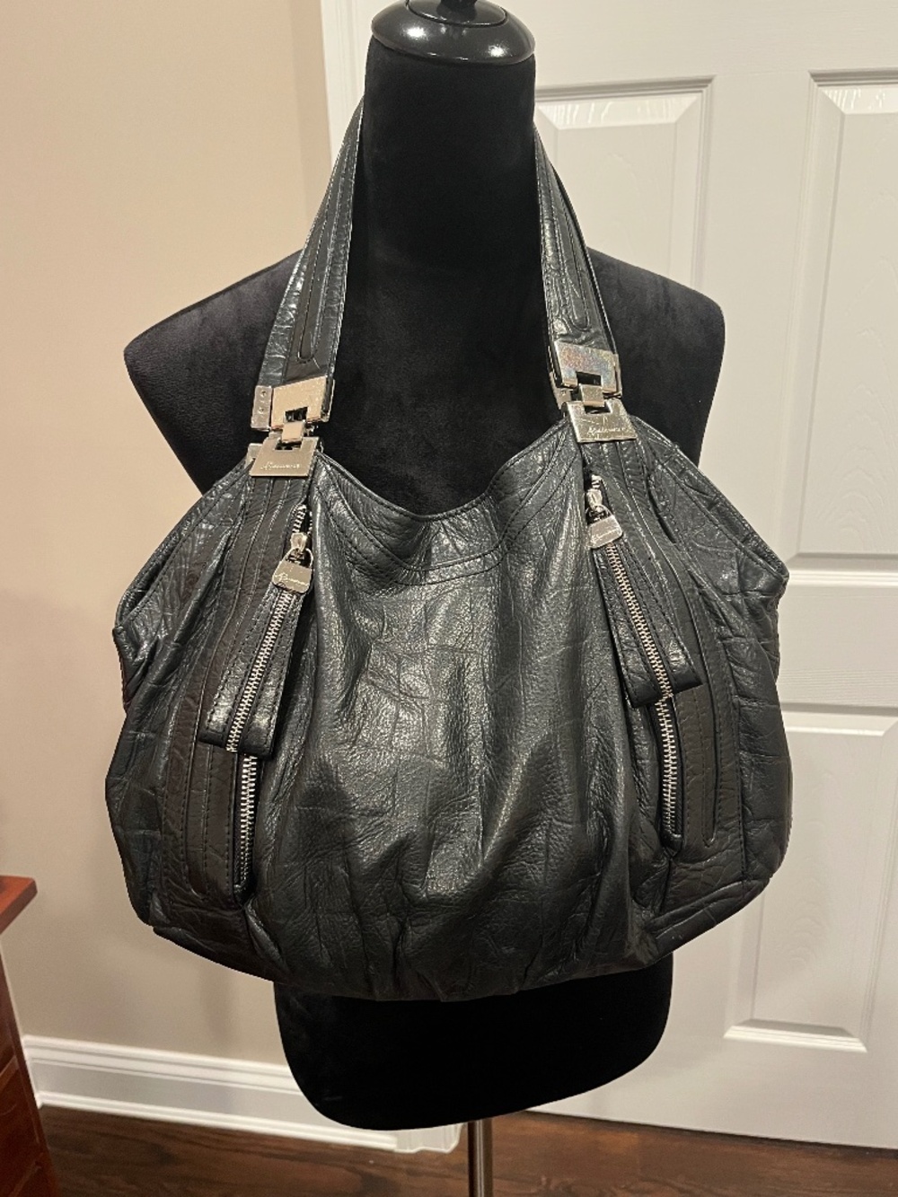 b. makowsky Black Leather Hobo with Silver-Tone Accents